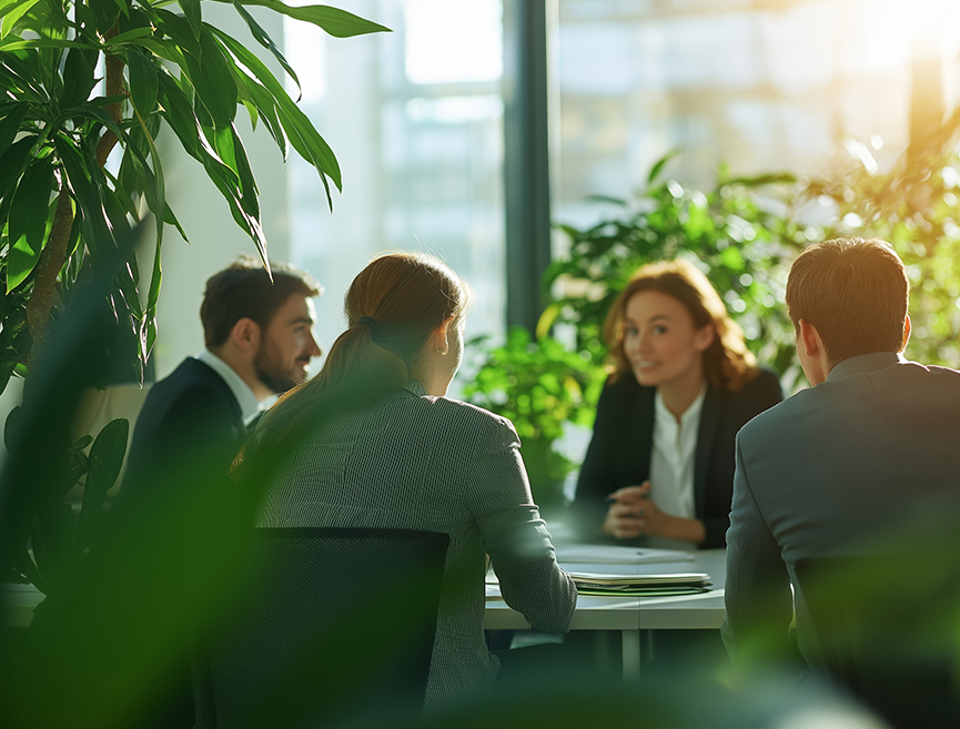 Four business professionals in suits having a meeting at a table in a bright modern office with large windows and indoor plants