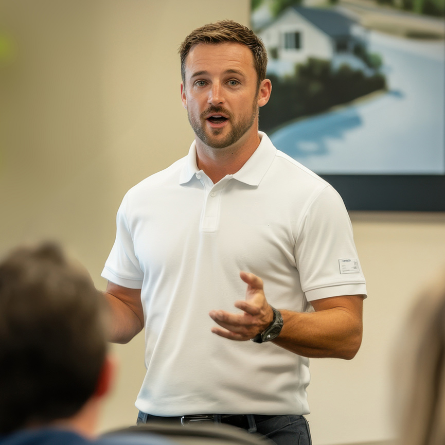 A man in a white polo shirt is speaking and gesturing with his hands in a presentation or meeting.